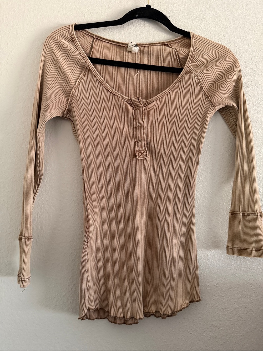 We The Free Free People Henley Top Brown Ribbed Knit Layering Cotton Blend